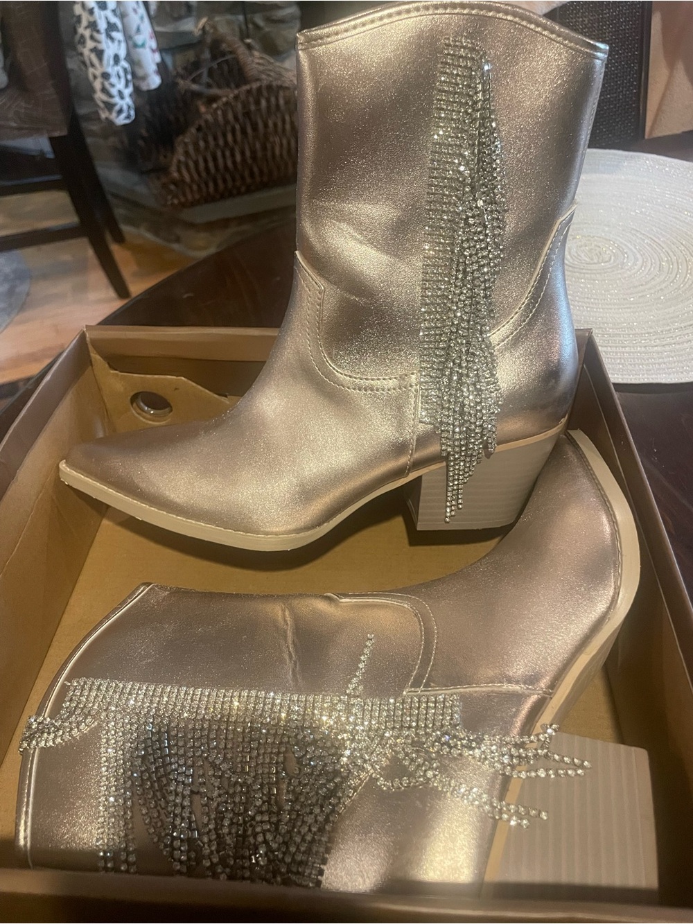 Oasis Metallic Silver Rhinestone Fringe Ankle Boots
